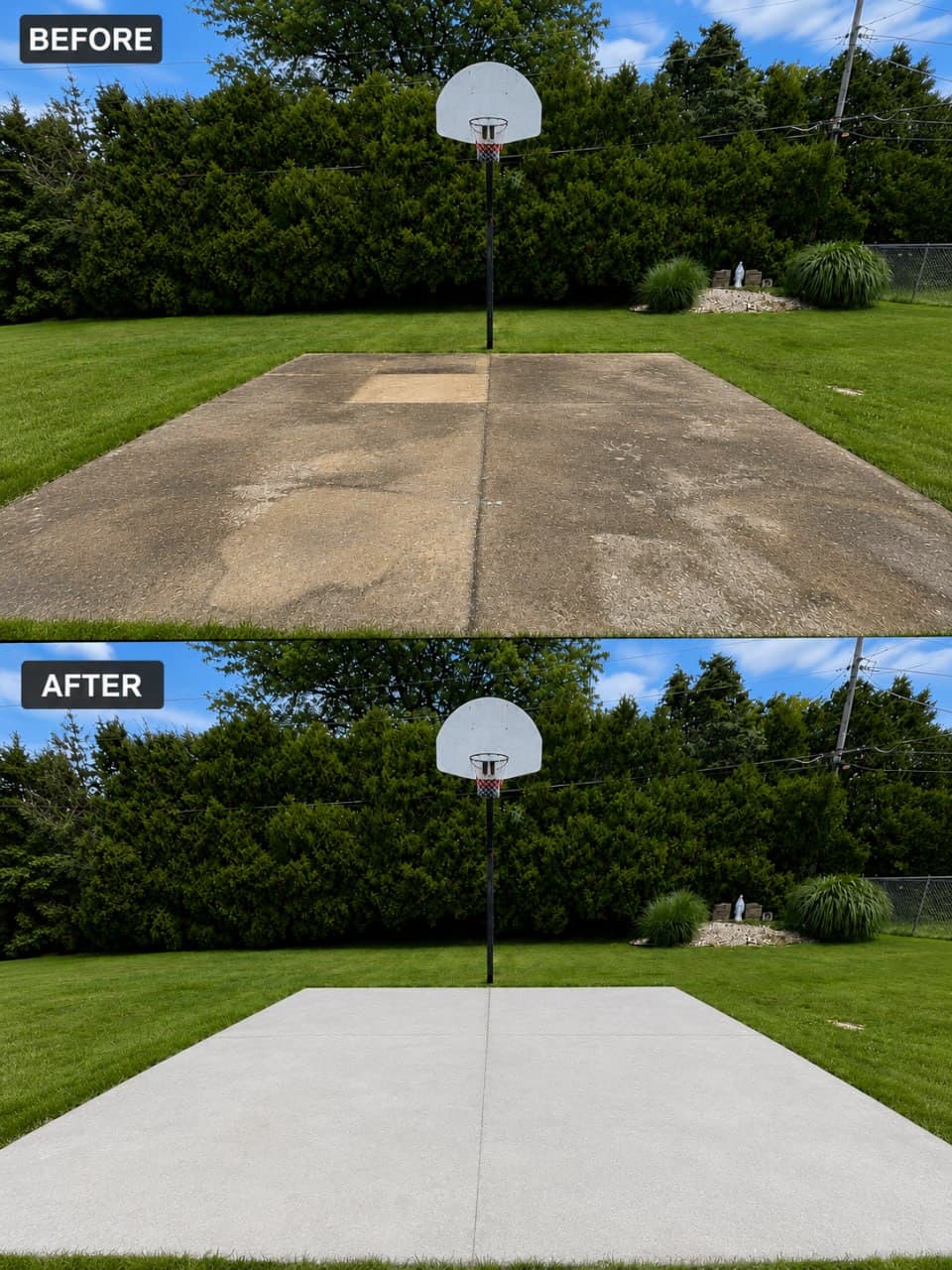 Large before and after power washing comparison of a backyard patio and sports court