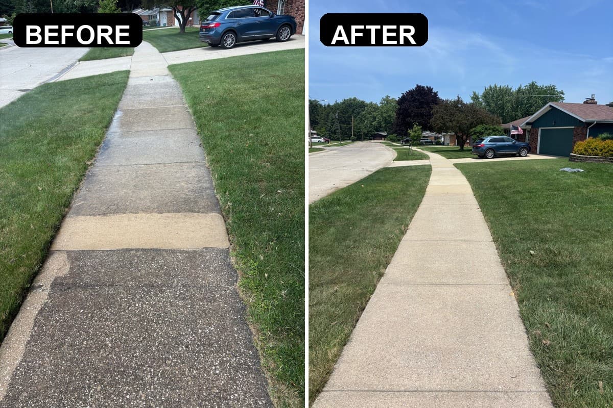 Large before and after power washing comparison of a residential sidewalk