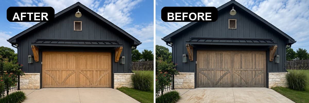 Large before and after comparison of a cedar garage door restoration